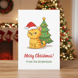 Cartão De Festividades Cranky Tabby Cat Red Hat Christmas Tree