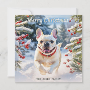 Cartão De Festividades Cream Bulldog Francês em Neve Feliz Natal