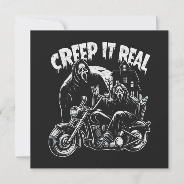 Cartão De Festividades Creep It Real Halloween Motoqueiro Ghostface  (Frente)