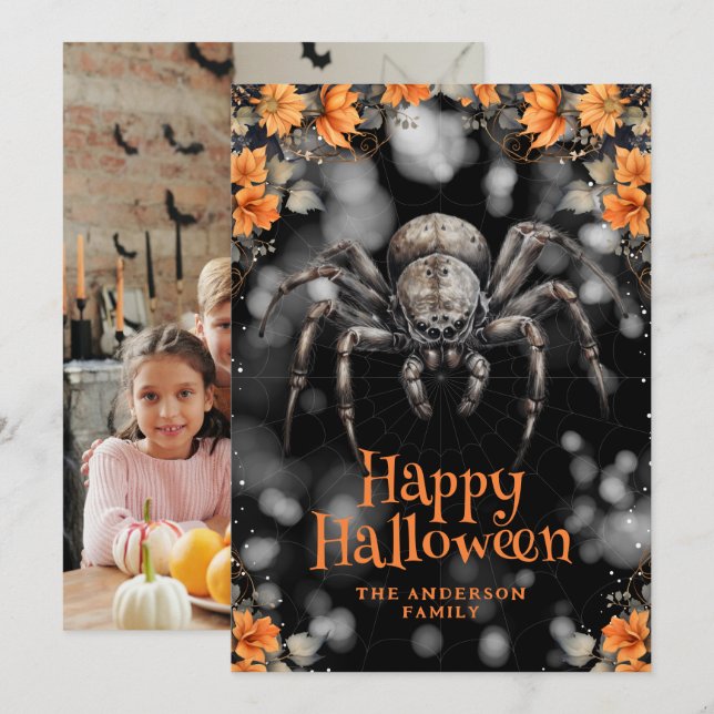 Cartão De Festividades Creepy Spider Floral Photo Happy Halloween Card (Frente/Verso)