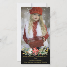 Cartão De Festividades Creme Floral Verde Vermelho com Foto Nome Dourado