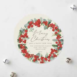 Cartão De Festividades Creme redondo Red Berry+Eucalyptus Holiday Wreath