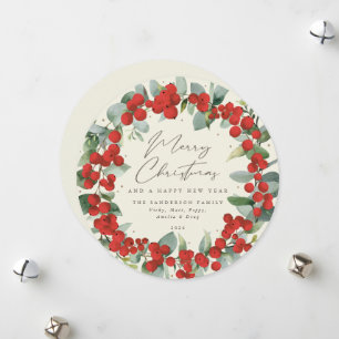 Cartão De Festividades Creme redondo Red Berry+Eucalyptus Holiday Wreath