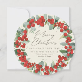 Cartão De Festividades Creme redondo Red Berry+Eucalyptus Holiday Wreath