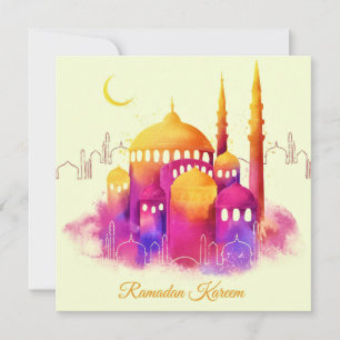 Cartão De Festividades Crescente Mesquita Dourada Ramadã Watercolor