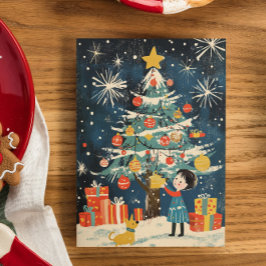 Cartão De Festividades "Criança Encantadora Decorando Cão de Árvore de Na