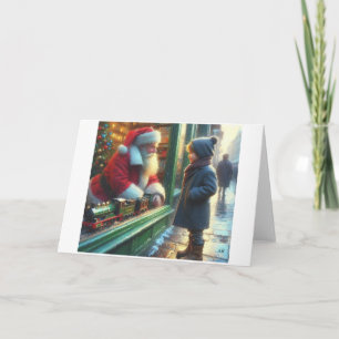 Cartão De Festividades Criança Encontrando Papai Noel Através da Janela,