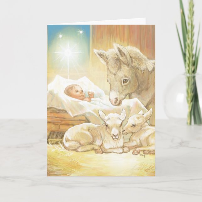 Cartão De Festividades Criança Jesus Natividade com Lambs e Donkey (Frente)