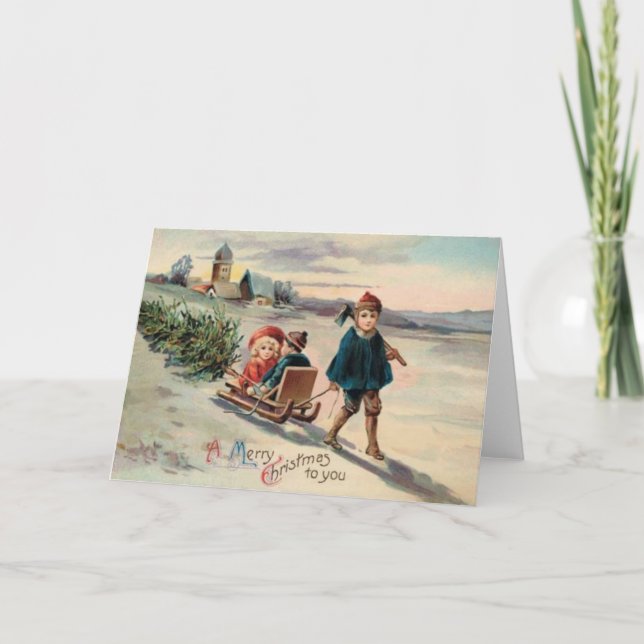 Cartão De Festividades Crianças Árvore De Natal Sled Leigh (Frente)