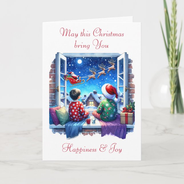 Cartão De Festividades Crianças assistindo Papais noeis na véspera de Nat (Frente)