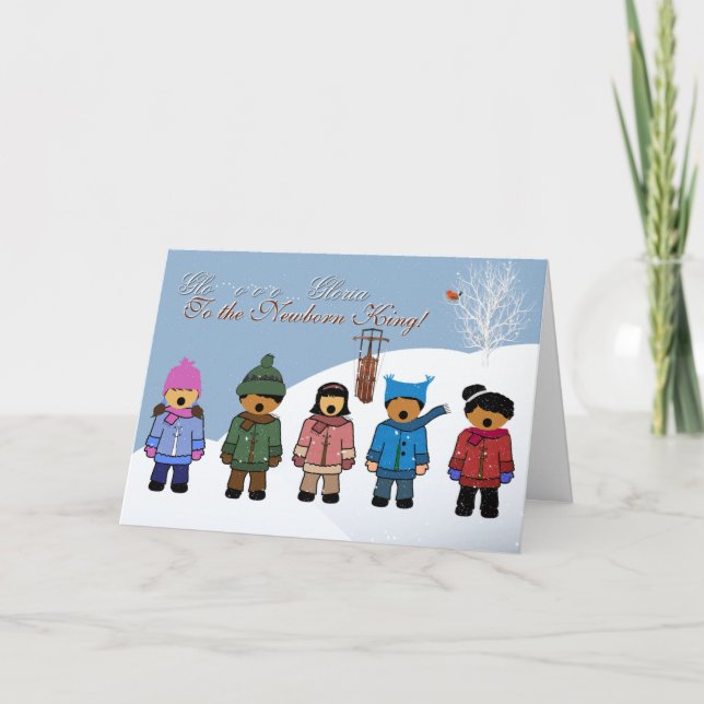 Cartão De Festividades Crianças Cantando 'Gloria ao Rei Recém-Nascido', (Frente)