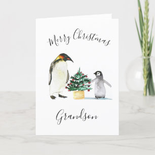 Cartão De Festividades Crianças de Natal Merry Pinguin Cute em Aquarela