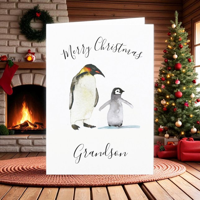 Cartão De Festividades Crianças de Natal Merry Pinguin Cute em Aquarela (Criador carregado)