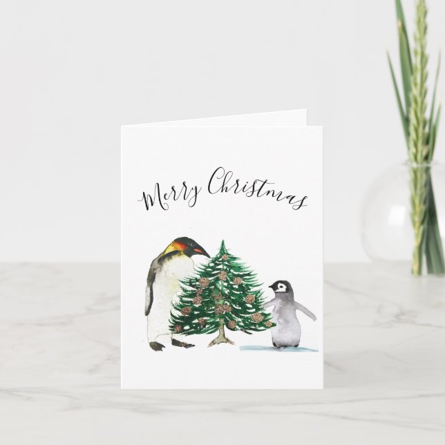Cartão De Festividades Crianças de Natal Merry Pinguin Cute em Aquarela (Frente)