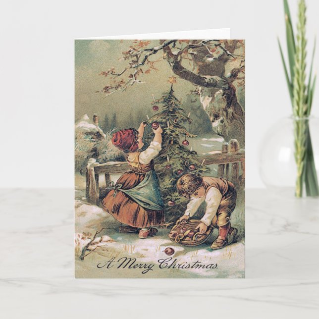 Cartão De Festividades Crianças Decorando Neve de Árvore de Natal (Frente)