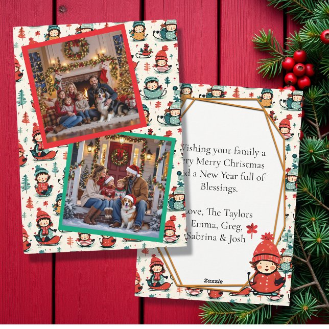 Cartão De Festividades Crianças fofas descendo de trenó duas fotos Natal (Criador carregado)