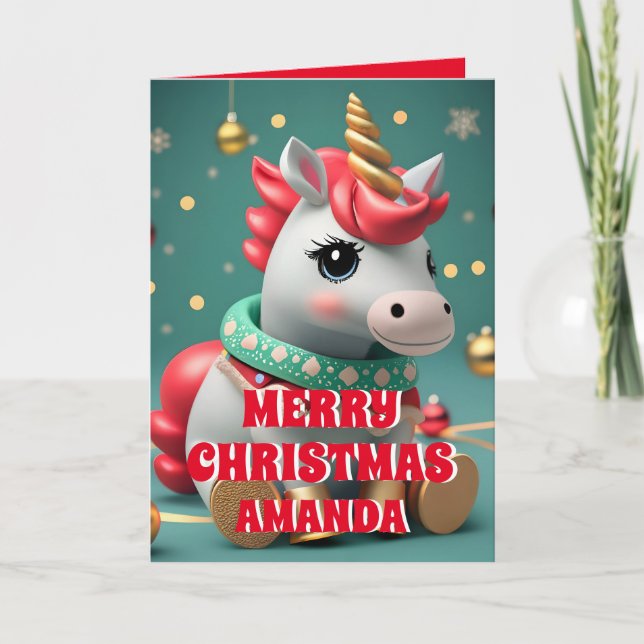 Cartão De Festividades Crianças Personalizadas do Unicorn no Natal (Frente)