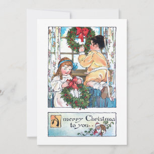 Cartão De Festividades Crianças Vintage na Janela com Mortes de Natal