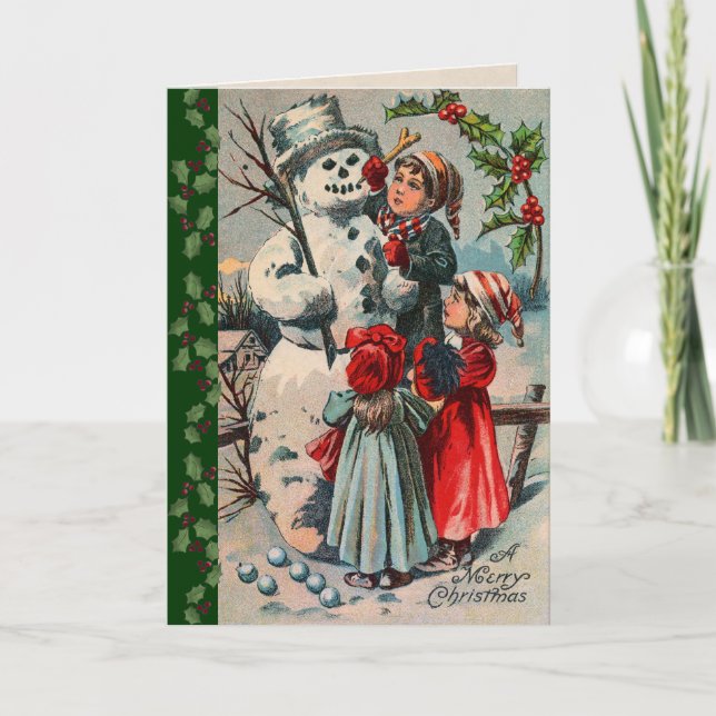 Cartão De Festividades Crianças vitorianas construindo um boneco de neve (Frente)