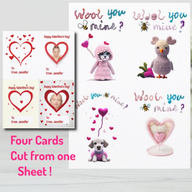 Cartão De Festividades Crianças Wooly Hearts 4xValentine's Day Card (Criador carregado)