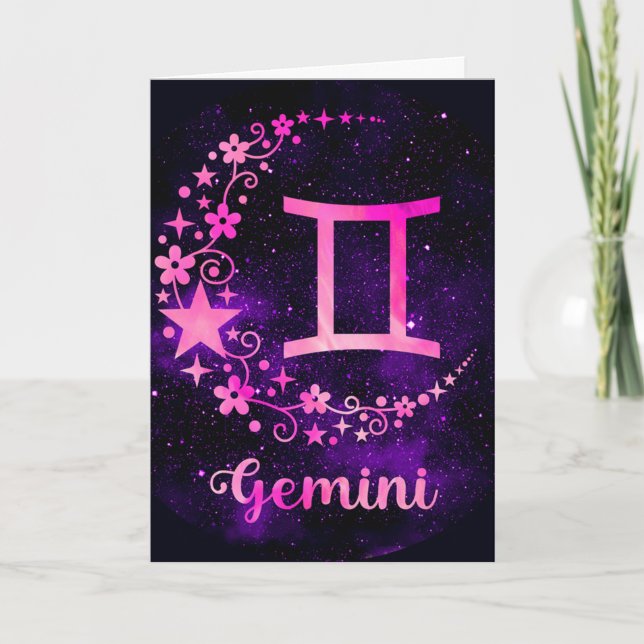 Cartão De Festividades Crie seu próprio Gemini Celestial Roxo Zodiac (Frente)