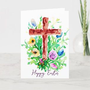 Cartão De Festividades Cruz aquarela e flores personalizadas Páscoa