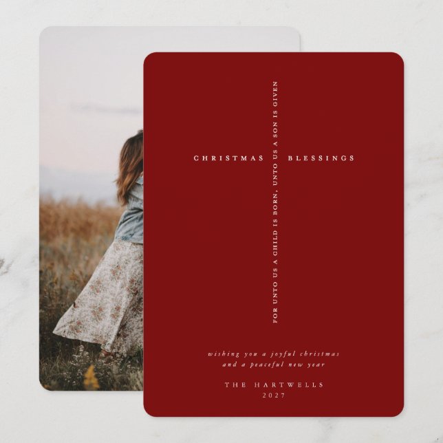 Cartão De Festividades Cruz da Escritura Vermelha Escura Elegante Foto (Frente/Verso)