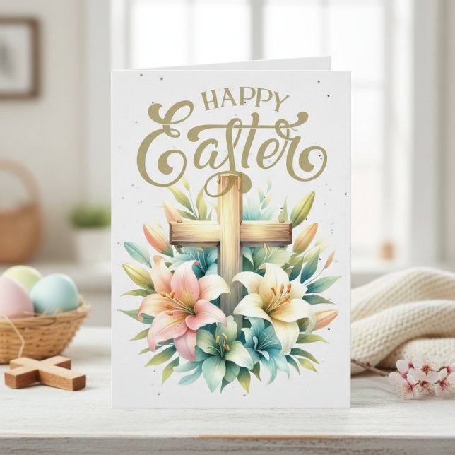 Cartão De Festividades Cruz de Madeira com Lírios Páscoa Cristã Personali (Wooden Cross With Lilies Custom Christian Easter Holiday Card)