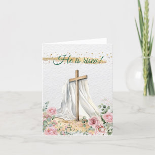 Cartão De Festividades Cruz de Páscoa Cristã Aquarela Rosas Eucalipto