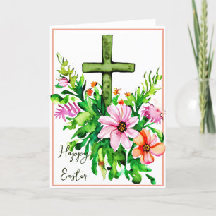 Cartão De Festividades Cruz floral aquarela Páscoa customizada