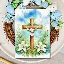 Cartão De Festividades Cruz Religiosa da Páscoa com Pombo e Lírios
