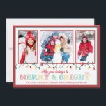 Cartão De Festividades Cumprimento alegre & brilhante da foto das luzes<br><div class="desc">O cartão popular e na moda da foto do feriado do Natal para três fotos de família que caracterizam uma corda de luzes de Natal com o provérbio "maio seus feriados seja grupo alegre & brilhante em um fundo do whit com uma beira do vermelho e do azul de turquesa....</div>