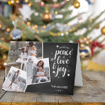 Cartão De Festividades Cumprimento da colagem da foto do feriado da<br><div class="desc">Comemore a estação com este cartão de cartões de natal moderno e à moda do design de JMR. O cartão caracteriza o amor brincalhão e a alegria paz" da tipografia do roteiro da "que cobrem um quadro com sua colagem favorita da foto. A parte traseira do cartão que você pode...</div>