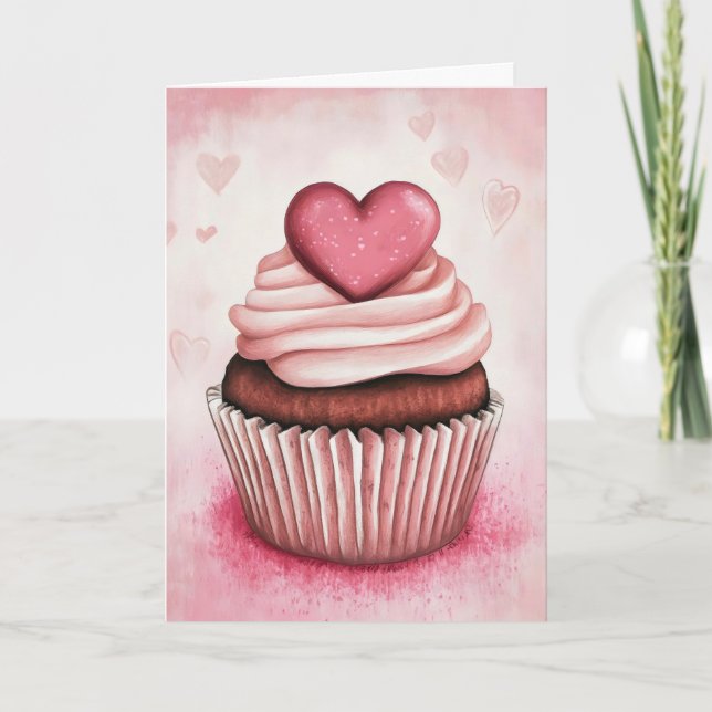 Cartão De Festividades Cupcake de Coração Rosa (Frente)