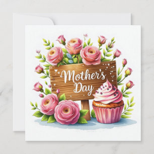 Cartão De Festividades Cupcake e Rosas do Dia das Mães