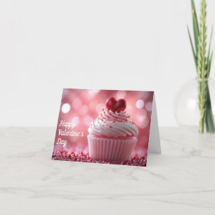 Cartão De Festividades Cupcakes Cor-de-Rosa com Corações Saudação de Dia 
