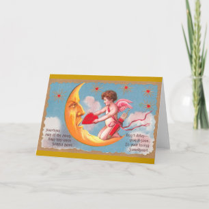 Cartão De Festividades Cupido alimenta Namorados de coração a lua