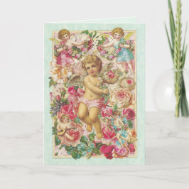 Cartão De Festividades Cupido vitoriano e Rosa Floral
