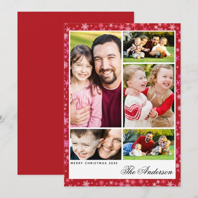 Cartão De Festividades Custom 5-Photo Red Snowflake Christmas Flat Card (Frente/Verso)