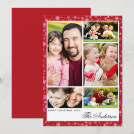 Cartão De Festividades Custom 5-Photo Red Snowflake Christmas Flat Card