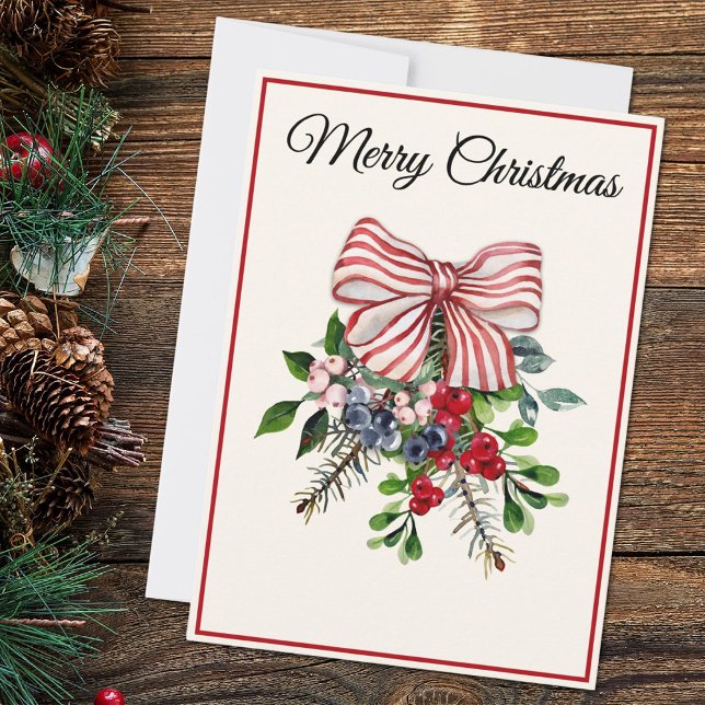Cartão De Festividades Custom, Bow Berries & Foliage Flat Christmas Card (Criador carregado)