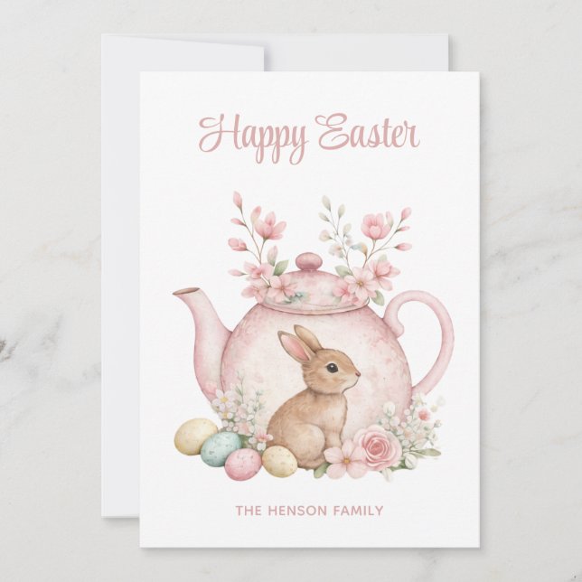 Cartão De Festividades Custom Bunny & Pink Floral Teapot Happy Easter (Frente)