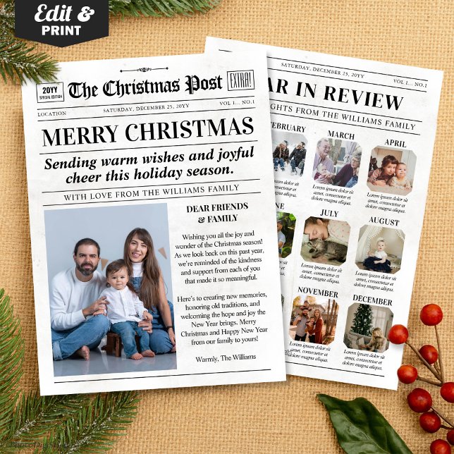 Cartão De Festividades Custom Christmas Newspaper Card, Year in Review (Custom Christmas Newspaper Card, Year in Review Holiday Card)