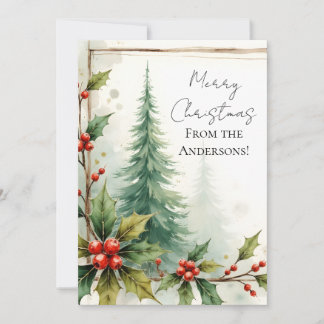 Cartão De Festividades Custom Elegant Holly Pine Christmas Card