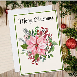 Cartão De Festividades Custom Elegant Pink Poinsettia Flat Christmas Card
