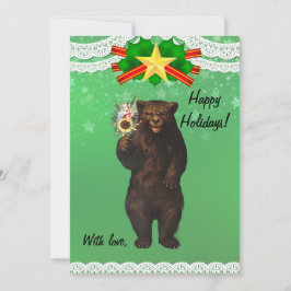 Cartão De Festividades Custom Funny Modern Christmas Bear with flowers 