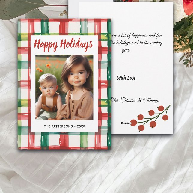 Cartão De Festividades Custom Happy Holidays Fun Plaid Red Green Photo (Criador carregado)