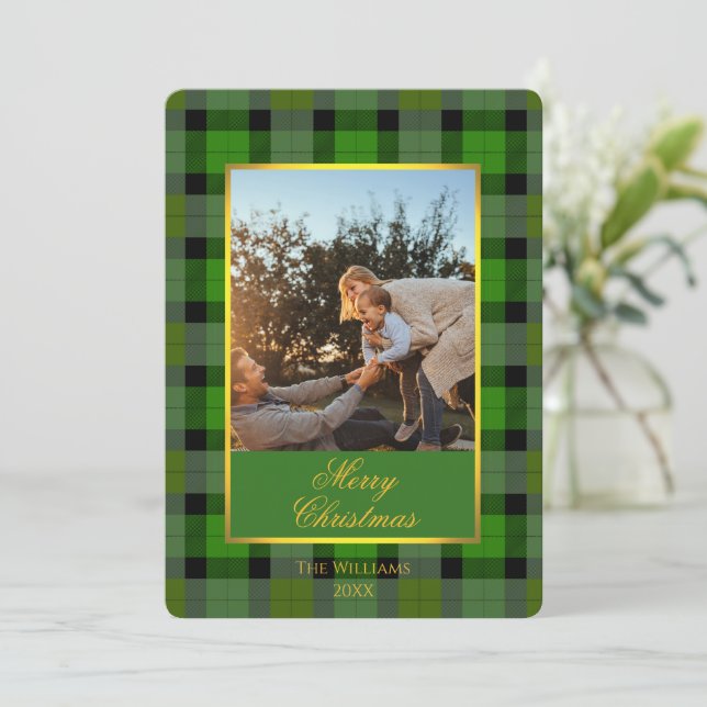 Cartão De Festividades Custom Holiday Photo Card in Traditional Plaid (Em pé/Frente)