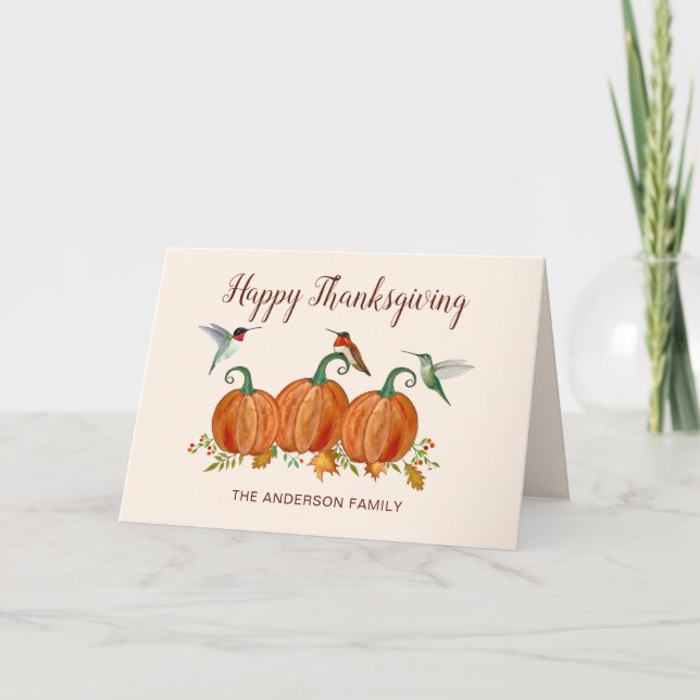 Cartão De Festividades Custom Hummingbirds and Pumpkin Thanksgiving (Frente)