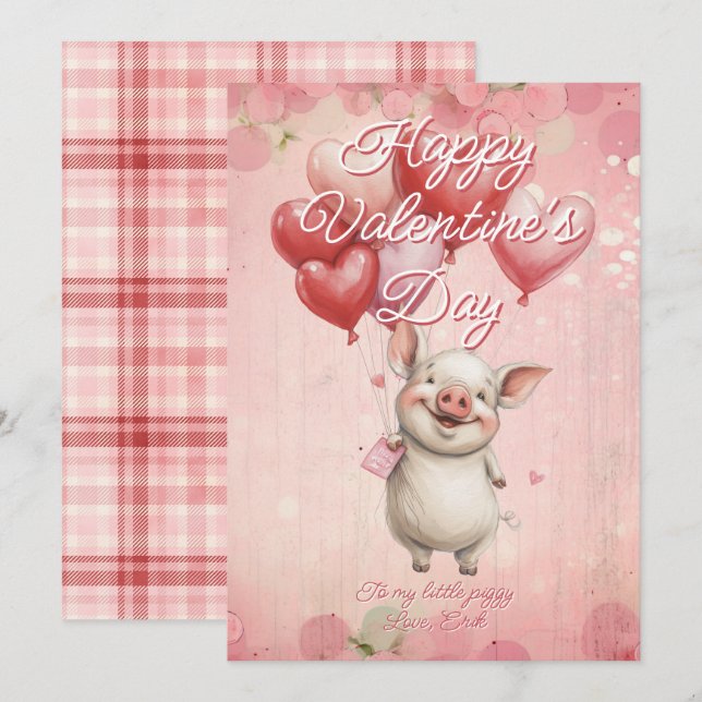 Cartão De Festividades Custom Message Pig Animal Valentines Day (Frente/Verso)